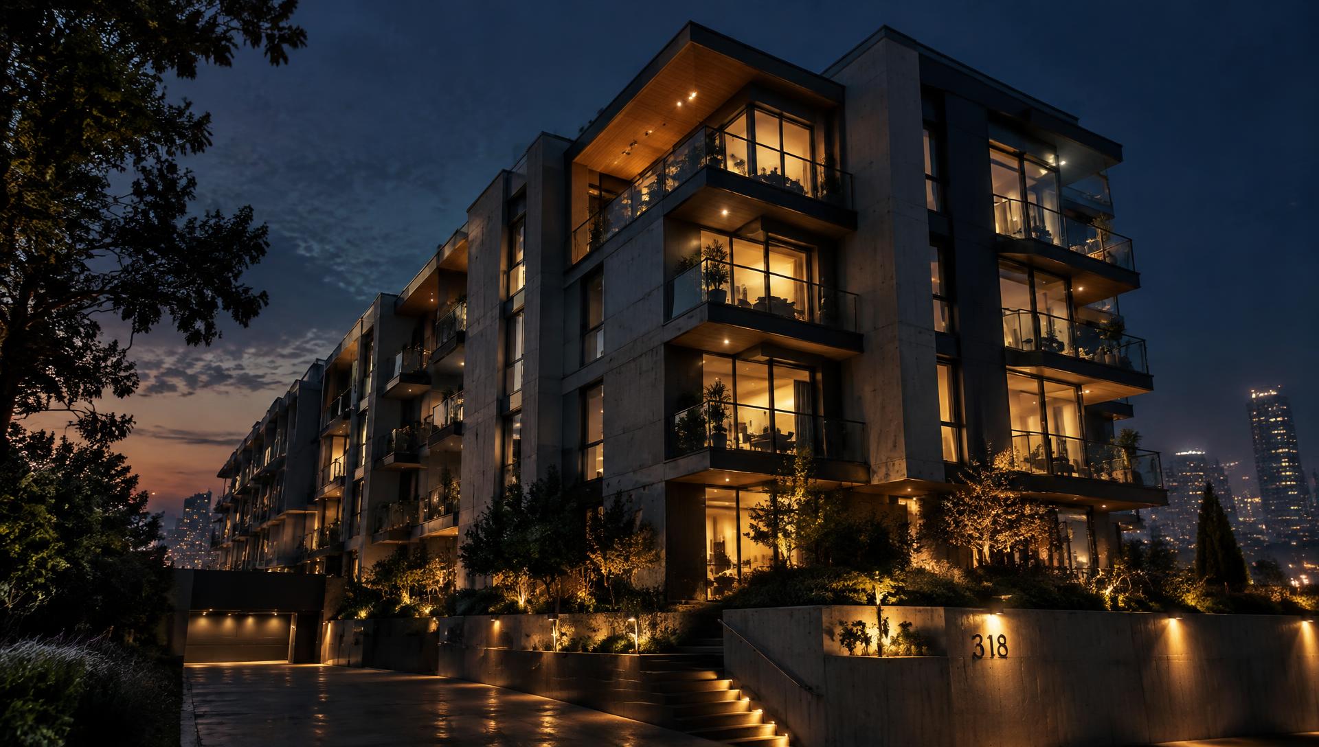 Modern multi-family apartment building lit at blue hour, the kind of investment property KAL Kreations arranges funding for